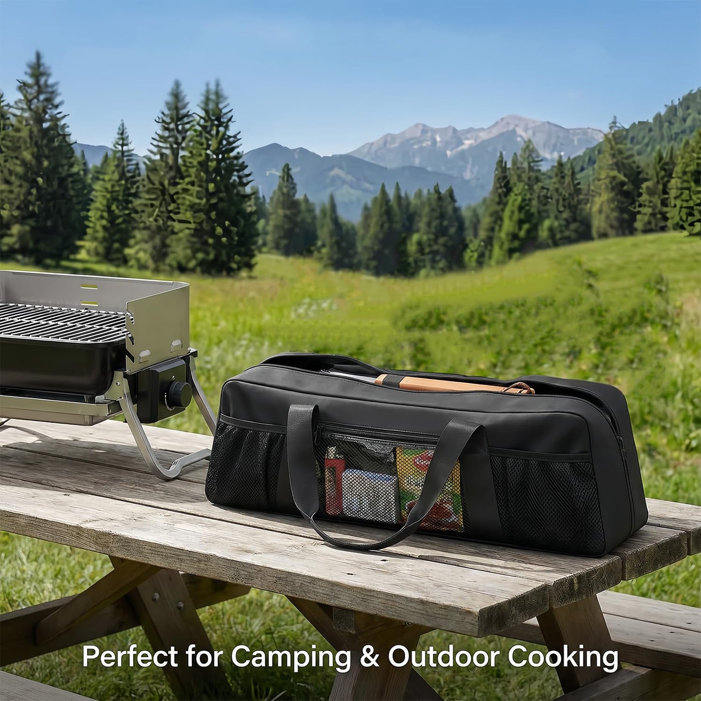 Grill Tool Storage Bag for BBQ Utensils up to 22" – Large BBQ Utensil Organizer with Pockets, Portable Barbecue Accessories Carrying Case for Camping, Outdoor Cooking (Bag Only, Black)