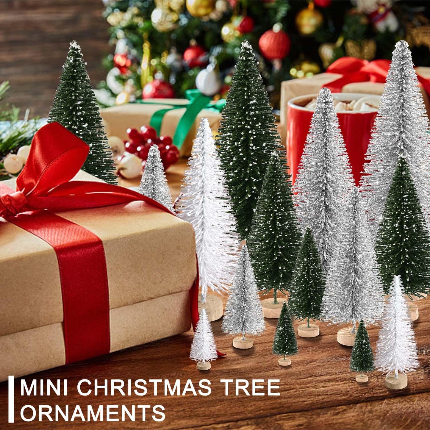 30Pcs Mini Christmas Trees Artificial Christmas Tree Bottle Brush Trees with Wooden Base for Christmas Decor Party Home Table Craft Decorations(Green+Silver+White)