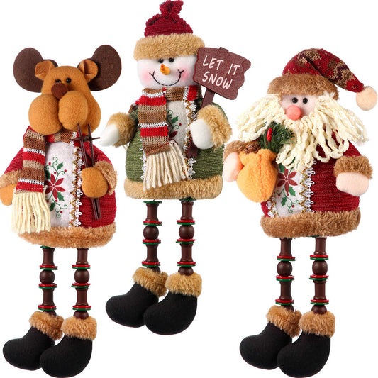 Sumind 3 Pcs Christmas Sitting Doll Santa Claus Snowman Reindeer Sitter Christmas Ornament with Long Legs Xmas Figurines Plush for Table Fireplace Home Decoration