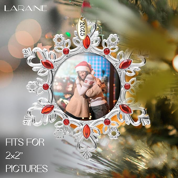 Laraine Christmas Tree Ornaments – Decorative Hanging 2025 Holiday Keepsake Gift Snowflake Pendant with 2” Photo Frame Insert for Picture of Pet (Snowflake Ruby (2025))