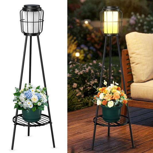 MXwcy 2 Pack Solar Lights Outdoor with Plant Stand, Waterproof Solar Floor Lamp & Tall Metal Planter Holder for Outside, Decorative Tripod Pathway Lantern for Patio, Garden, Porch, Yard Decor