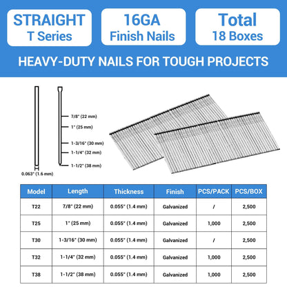 meite 16 Gauge Finish Nails 1-3/16 Inch Galvanized Straight Finish Nails for Pneumatic Cordless Finish Nailer Gun, Small T-Head Trim Nails for Baseboard Crown Molding Cabinet Casing, 1 Case/45000PCS