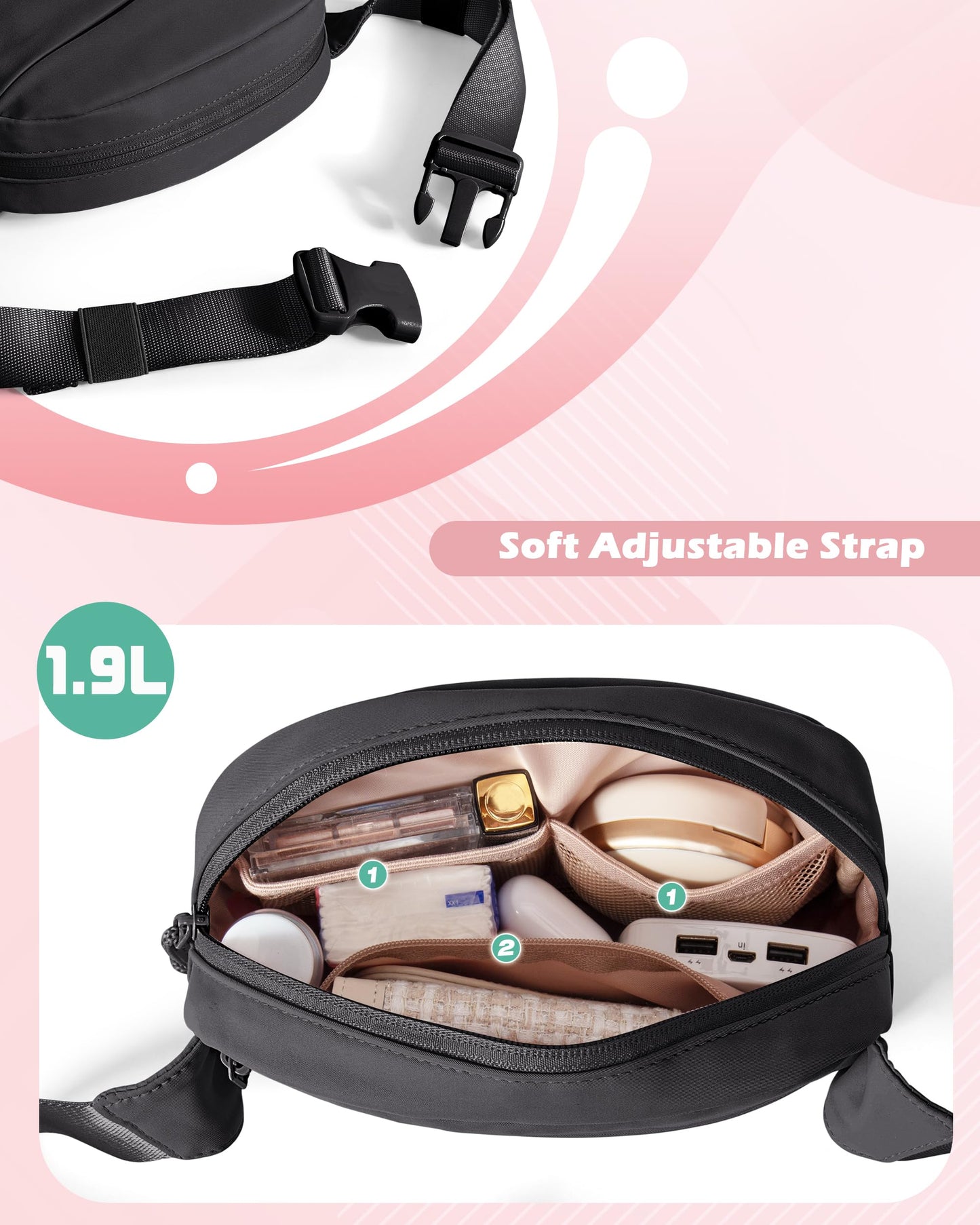 Smasrob Fanny Pack for Women, Crossbody Sling Bag Waist Bag with Multiple Pockets and Adjustable Strap, Black