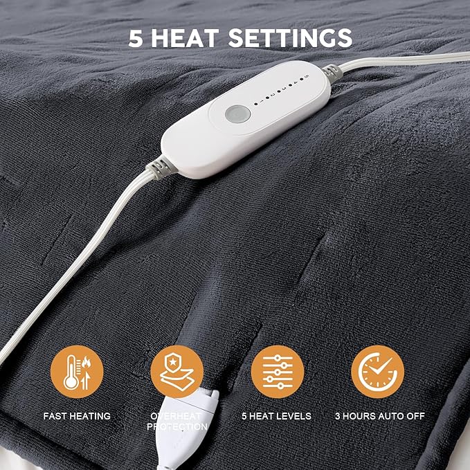 HYLEORY Heated Electric Blanket Throw 50"x60" Soft Fleece & Flannel with 5 Heating Levels & 3 Hours Timer Auto Shutt Off, ETL Certified, Washable，Heated Blanket for Body-Dark Grey