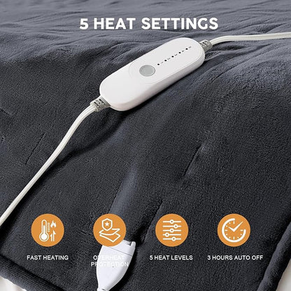 HYLEORY Heated Electric Blanket Throw 50"x60" Soft Fleece & Flannel with 5 Heating Levels & 3 Hours Timer Auto Shutt Off, ETL Certified, Washable，Heated Blanket for Body-Dark Grey