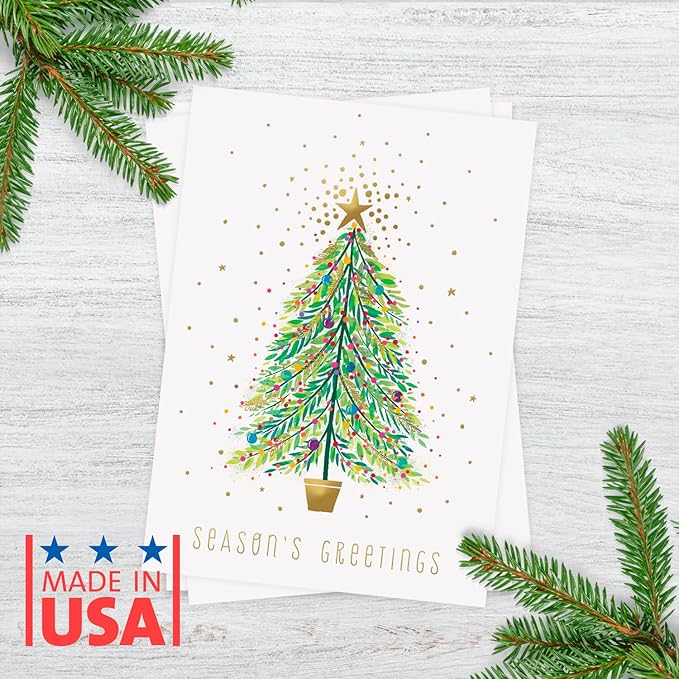 Masterpiece Sparkle Tree Christmas Cards / 16 Boxed Holiday Cards With Gold Foil Accents And Coordinating Gold Foil Lined Envelopes / 5 5/8" x 7 7/8" Folded Winter Greeting Cards With Inside Verse