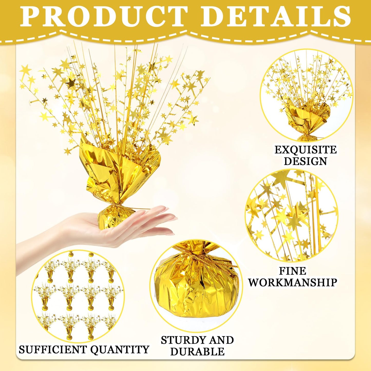 18 Pack 2026 Graduation Table Centerpiece Decoration Metallic Foil Spray Centerpiece Glitter Star Brust Table Topper Decoration for Graduation Birthday New Year Holiday Party Supplies (Gold)
