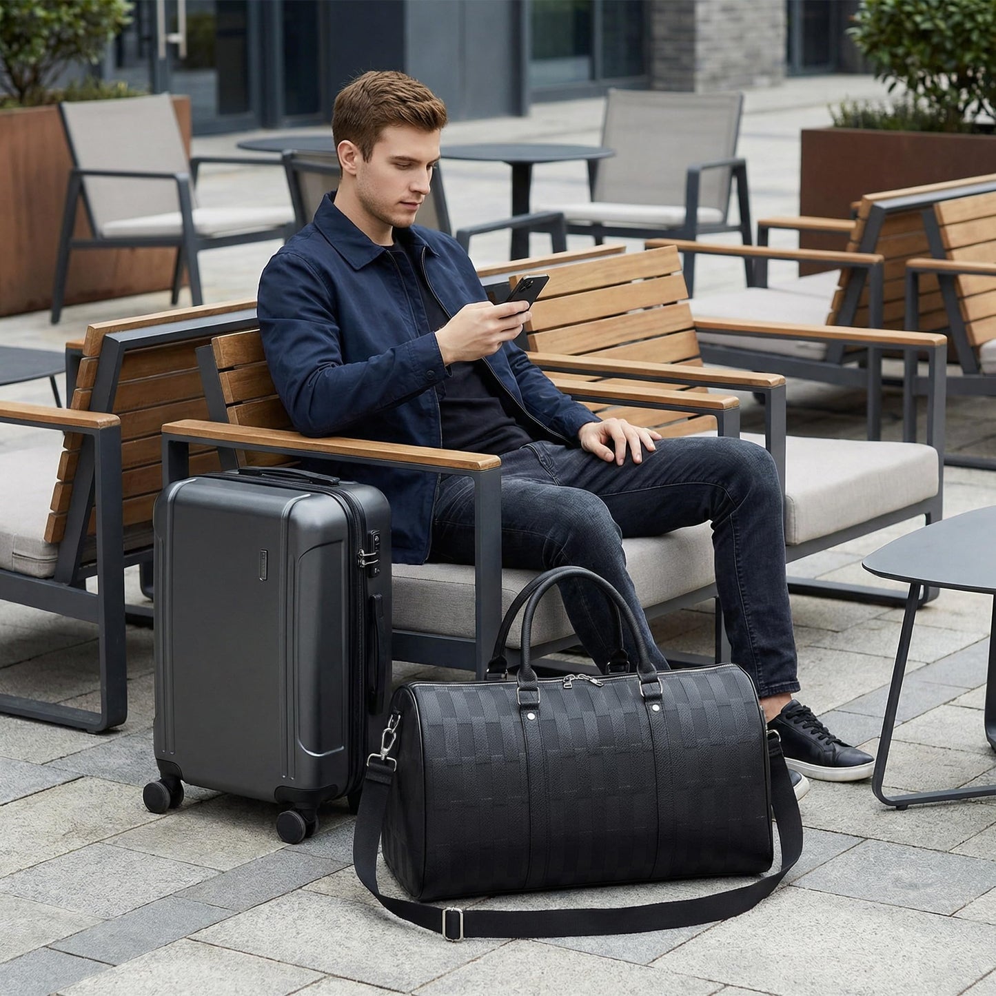 AGVOTK Luxury Black Woven Leather Weekender Duffel Bag Men Women Travel Carry-on, Large Overnight Bag with Handles & Adjustable Shoulder Strap