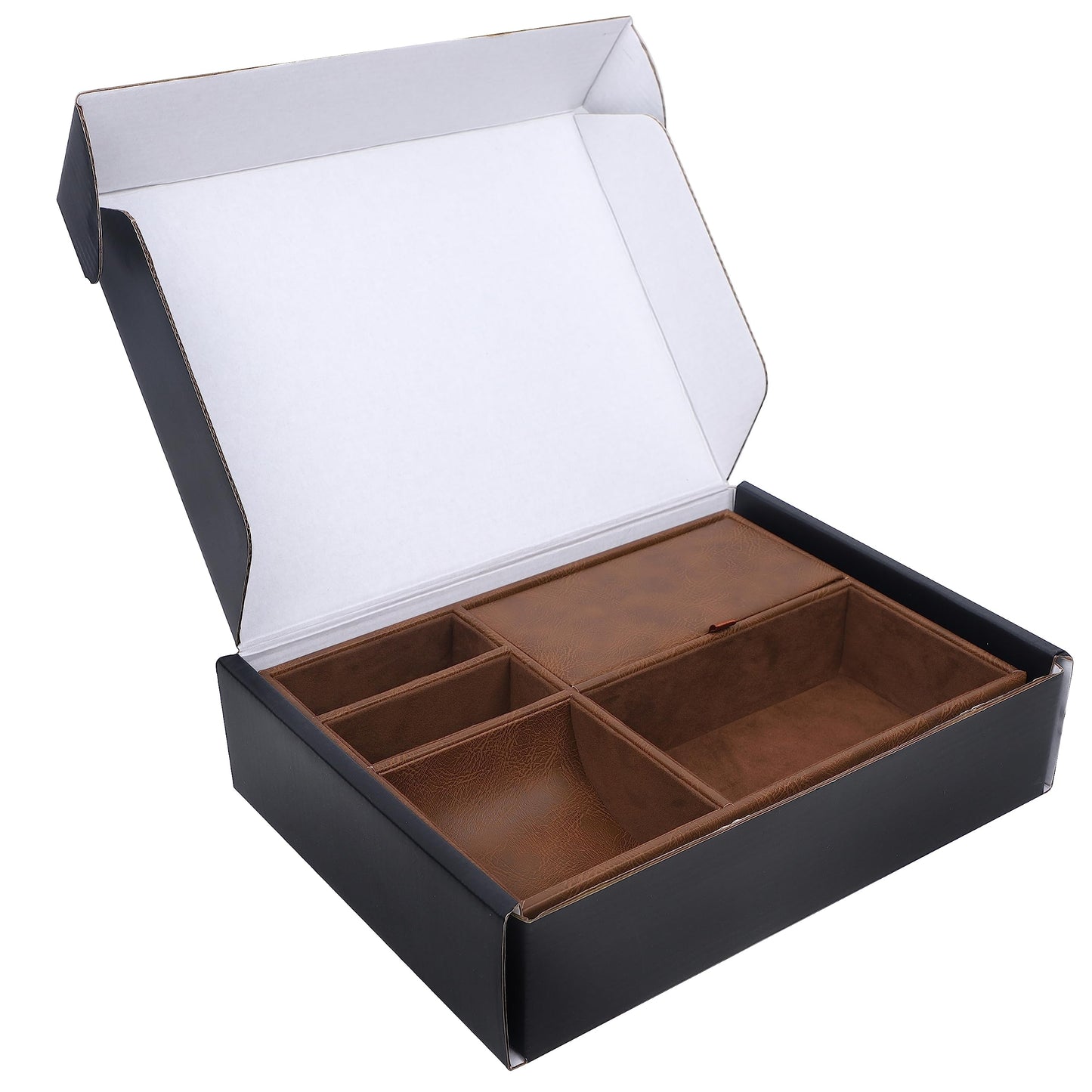 Zcaukya Men's Valet Tray, Jewelry Box Nightstand Organizer with 5 Compartments for Phone Keys Wallet Watch Glasses, Faux Leather Dresser Entryway Catchall Holder for Father's Day Gift (Brown)