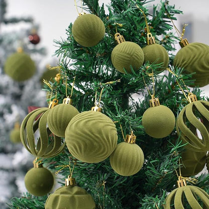 Velvet Christmas Balls 48pcs Flocked Christmas Tree Ornaments Set Shatterproof Christmas Ornaments with Hanging Rings Suitable for Xmas Tree Holiday Decor(Green)