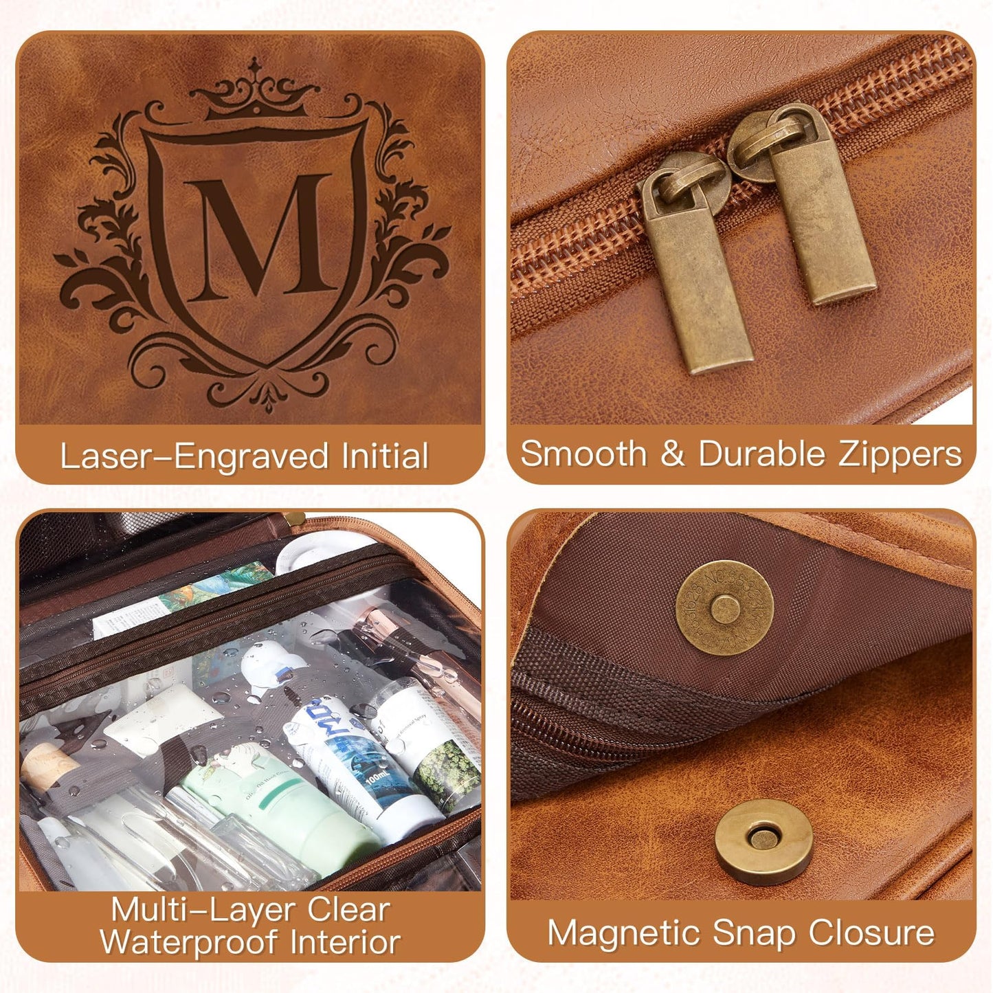Aganmi Personalized Hanging Toiletry Bag Travel Gifts for Men Him, 3-in-1 Large Laser-Engraved Initial Waterproof PU Leather Shaving Bag Valentines Birthday Gift for Men Dad Husband Light Brown M