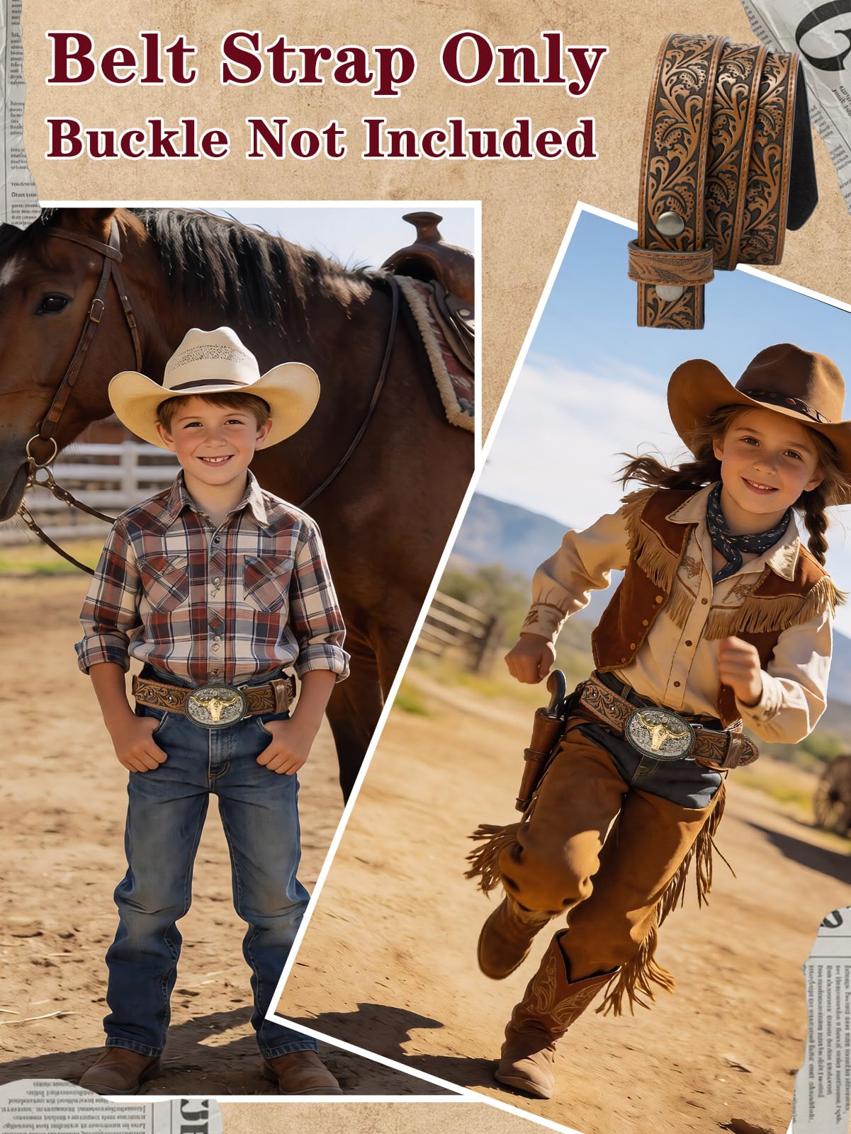 Kids Boys Western Belt Cowboy Leather Belt-Girls Adjustable Embossed Leather Belt Strap for Jeans Gift (Brown, 37.5" fit waist 31"-34.5")