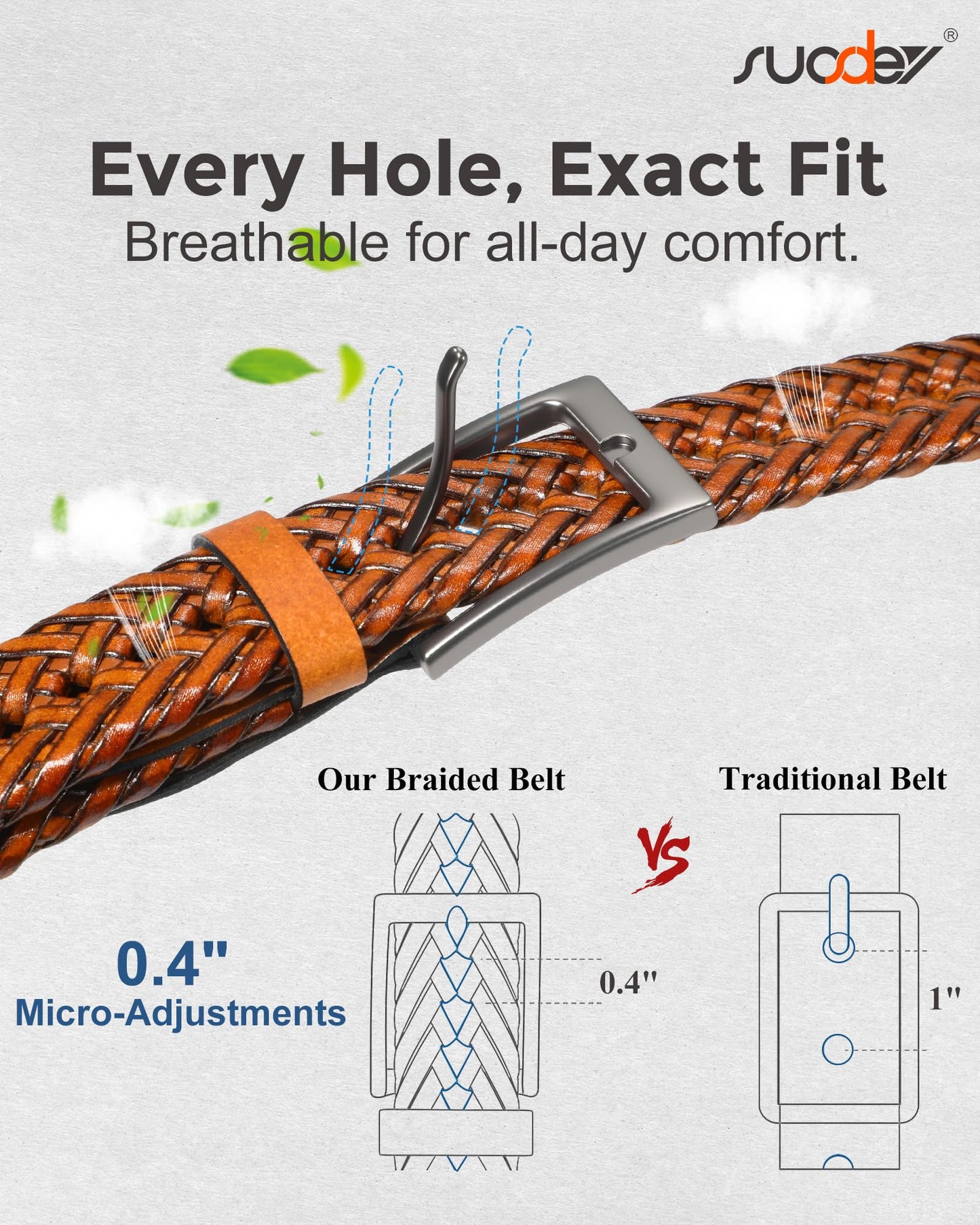 SUOSDEY Braided Genuine Leather Brown Belt for Men, 1.2" Width Men’s Casual Woven Leather Belt for Jeans Pants