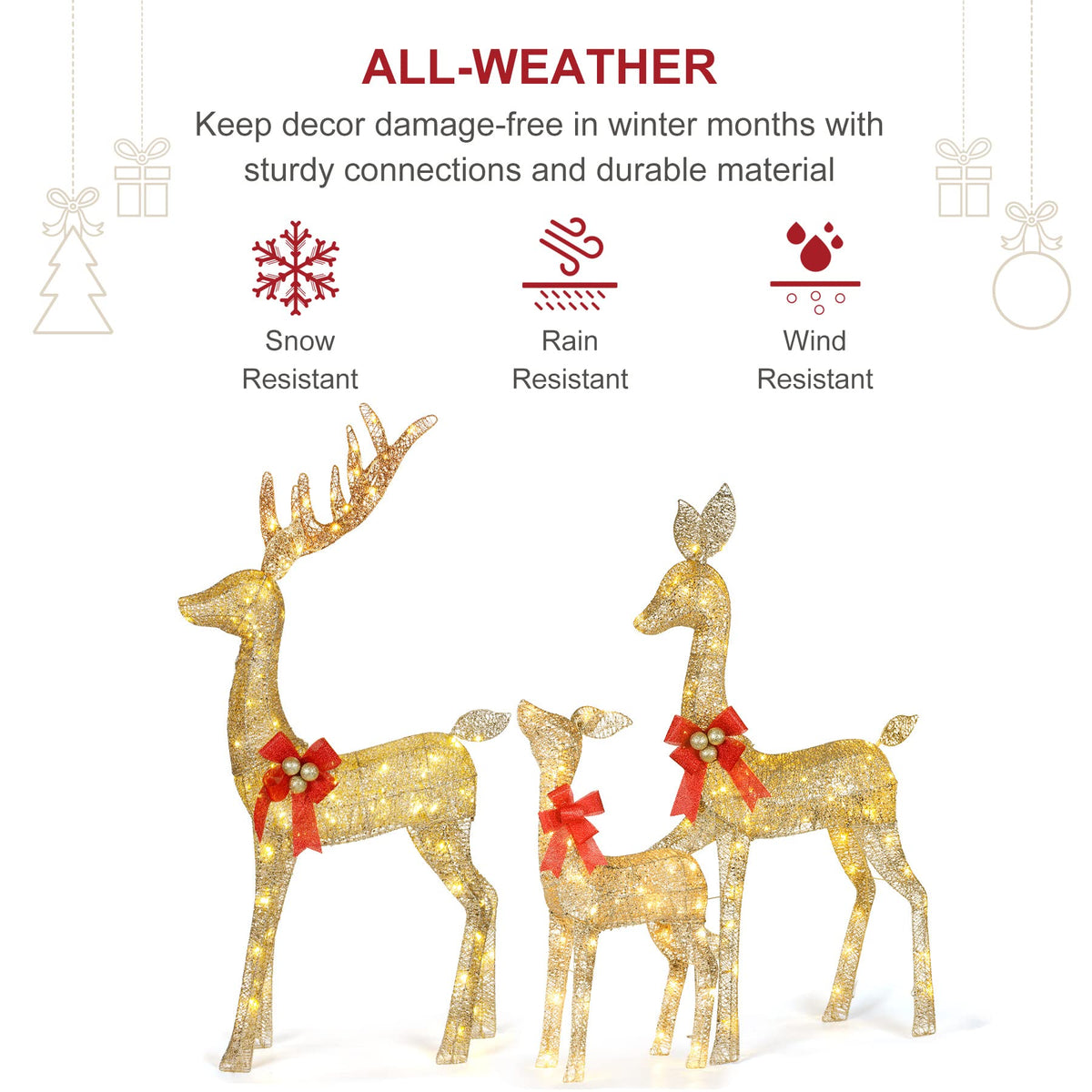Lighted Christmas Decoration Deer 3 Piece, HOYECHI Light up Christmas Decor Reindeer Family Set for Indoor Outdoor Front Yard Porch with LED Lights, Plug, Ground Stakes - Gold