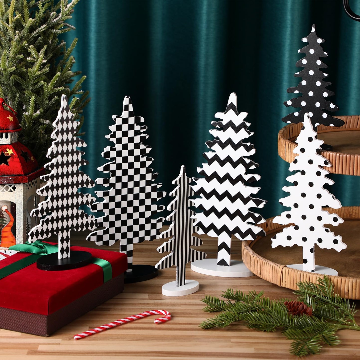 Kigley 6 Pcs Wood Christmas Tree Sign Table Decor 6" 8" 10.5" Black White Xmas Tree Tabletop Christmas Tiered Tray Centerpieces Xmas Gift for Home Mantel Shelf Office Party Windowsill Decoration