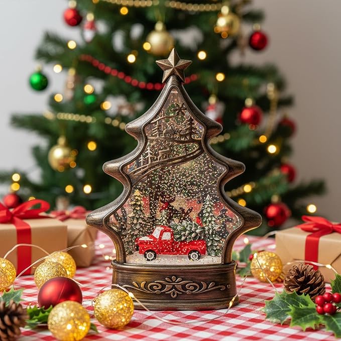 Christmas Snow Globe Lantern Water Glittering Christmas Tree with Red Truck, USB Lined/Battery Operated Lighted Lantern for Christmas Festival Decoration Gifts