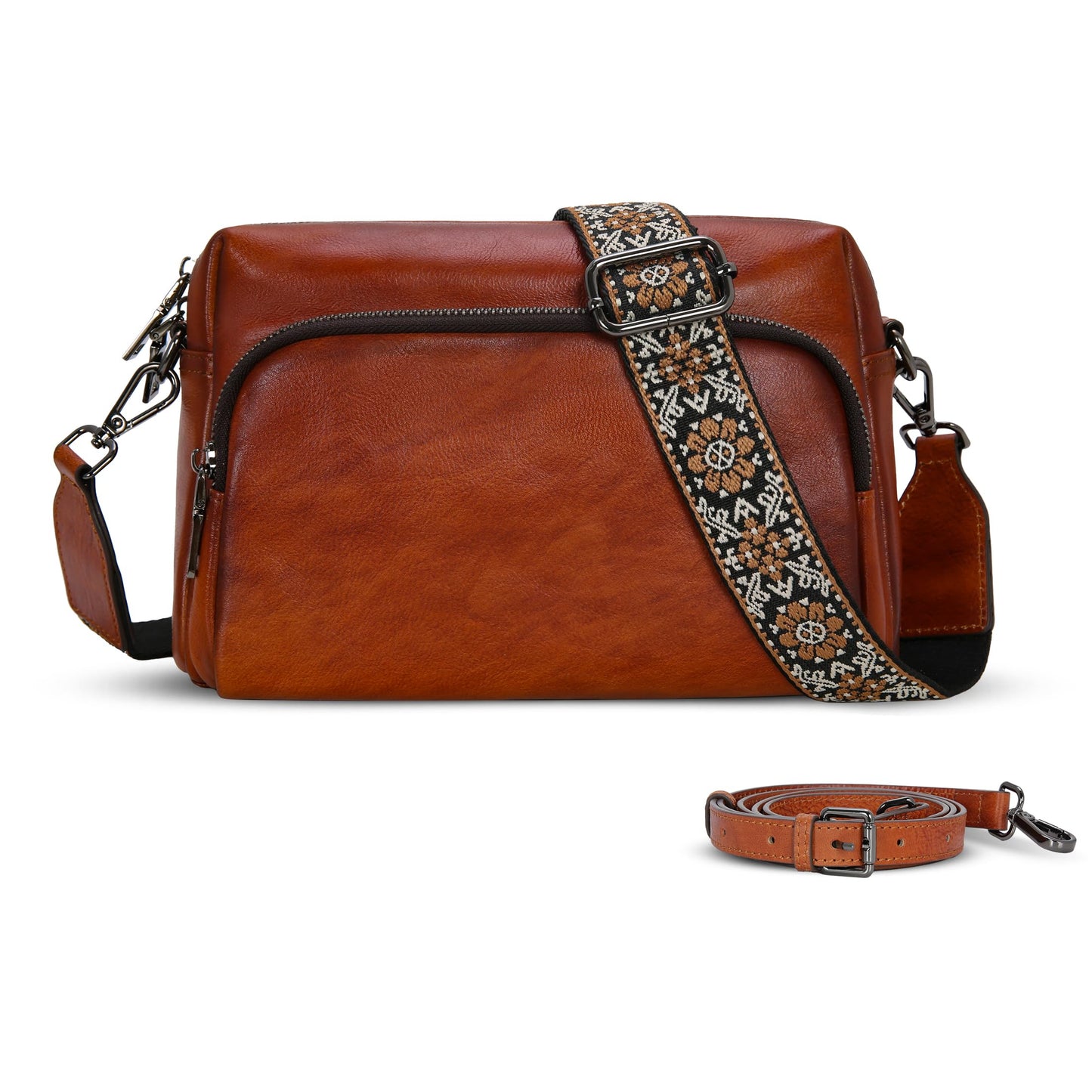 Iswee Genuine Leather Purses and Handbags for Women Crossbody Bags Small Fall Purse Travel Satchel Shoulder Handbag with Guitar Strap Pocketbooks Everyday Bag (Brown)
