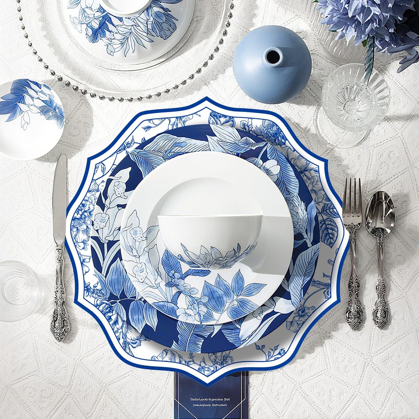 Blue Floral Faux Leather Placemats Set of 6 Round Scalloped Chinoiserie Placemats 13 Inch Waterproof Flower Table Mats Heat Resistant for Dinner Table Setting Wedding Bridal Shower Party Decor