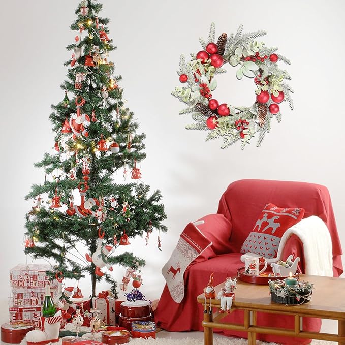 Super Holiday Christmas Wreath, 20Inch Artificial Wreaths for Front Door Christmas Decorations with Wreath Hanger, for Indoor Outdoor Home Hoilday Party Wall Decor - Red