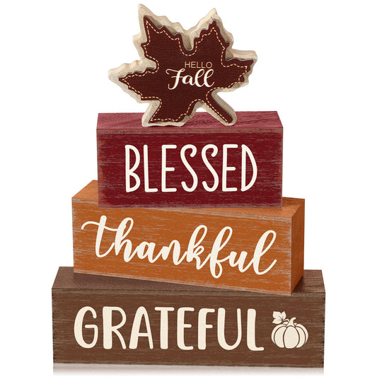 Yousoontic 4 Pcs Hello Fall Wooden Table Decorations Maple Leaf Autumn Rustic Block Signs Centerpiece Tiered Tray Decor Thanksgiving Wood Farmhouse Tabletop Decor Gift for Kitchen Entryway Home Desk