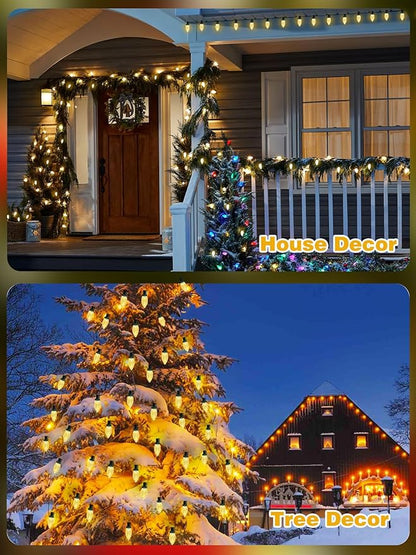 2 Pack 66FT 100LED Extendable C9 Christmas Lights Outdoor/Indoor, Waterproof Christmas String Lights Plug in, Green Wire LED Fairy Lights for Xmas Tree Garden Patio Wedding Party Decor (Warm White )