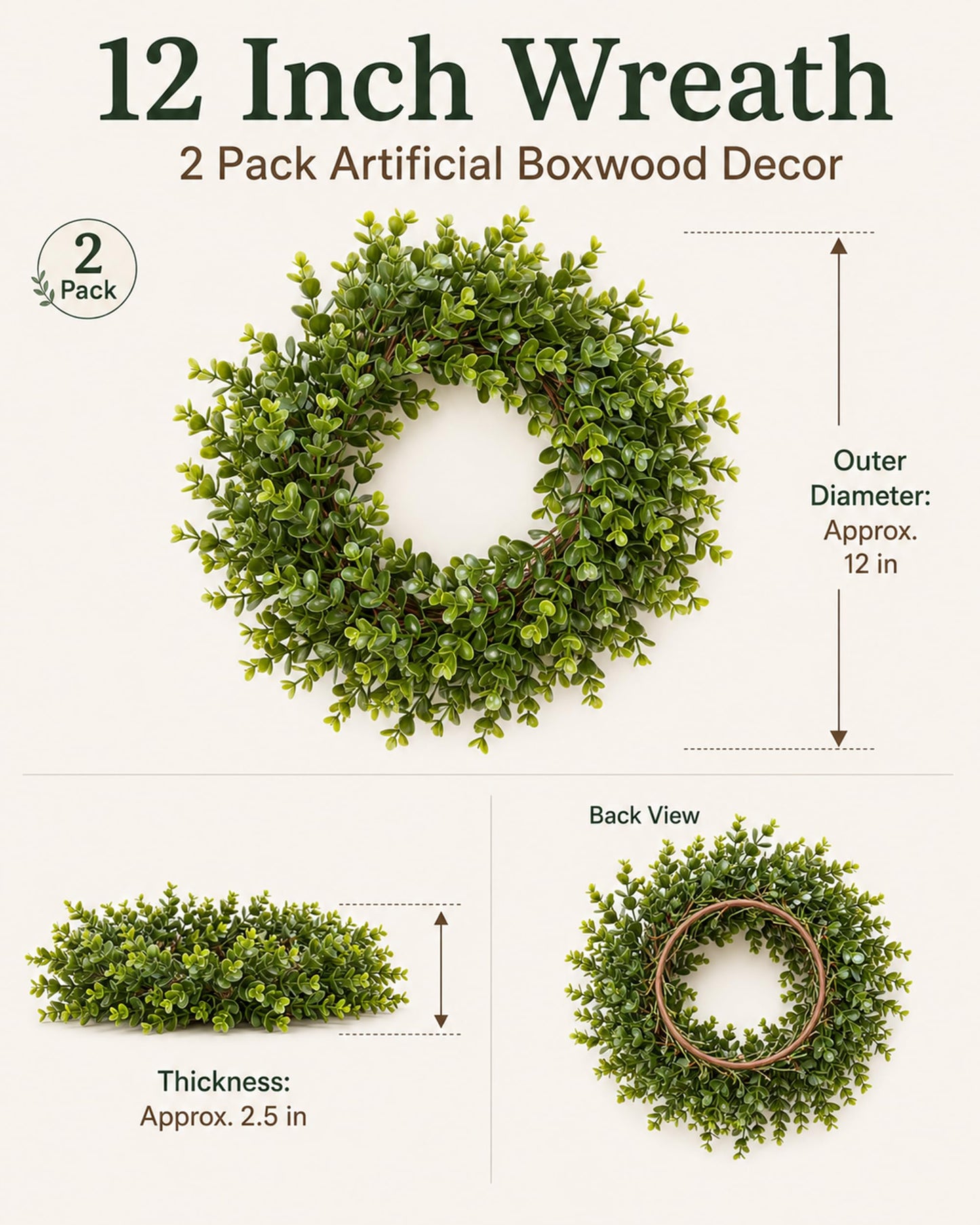 Plamyi 12" Mini Boxwood Wreaths 2-Pack - Faux Greenery for Decorating