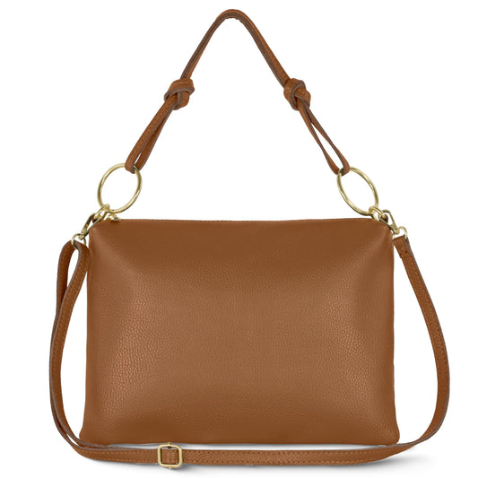 Italian Calf Leather Shoulder Bag for Women | Rectangular Handbag Purse with Zipper, Top-Handle & Crossbody Strap (Brown)
