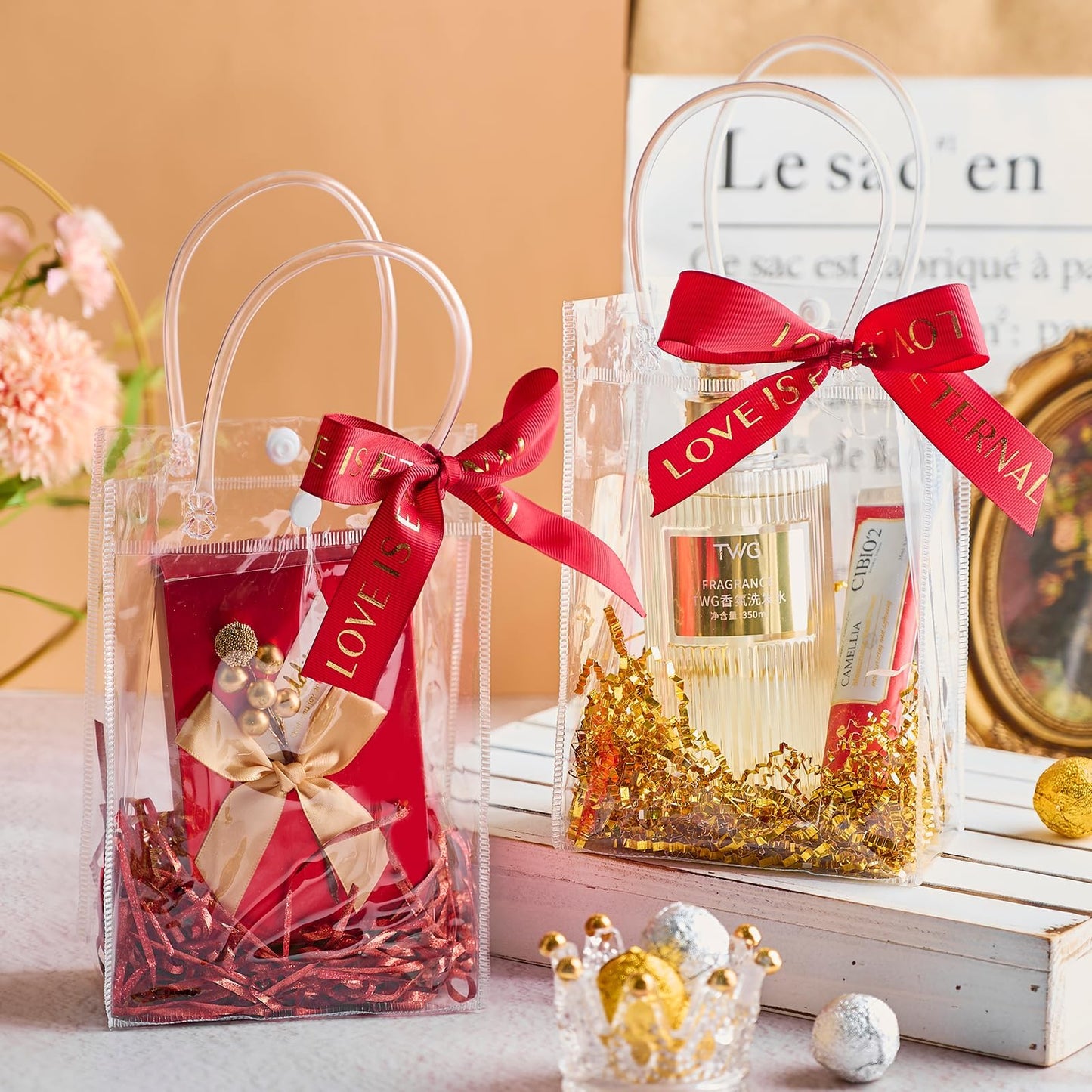 Ohuimrt Clear Plastic Gift Bags with Handles, 50 PCS, 5.9" x 7.9" x 2.8"