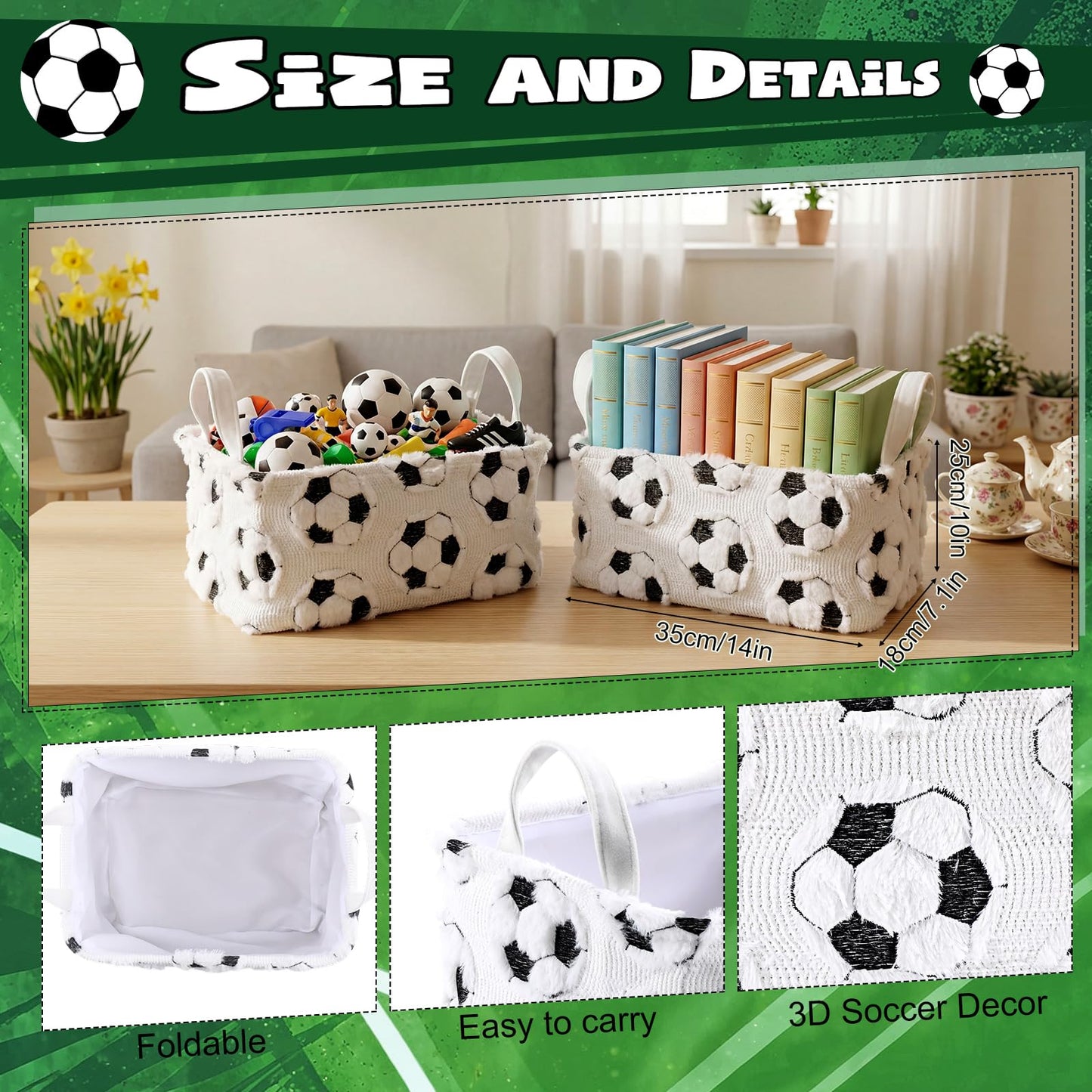 Yiyiring 2 Pcs Soccer Storage Baskets 14x10'' Back to School Gift Basket Foldable Fluffy Laundry Storage Bin with Handle Sport Theme Closet Organizer for Preppy Dormitory Countertop Tabletop Shelf