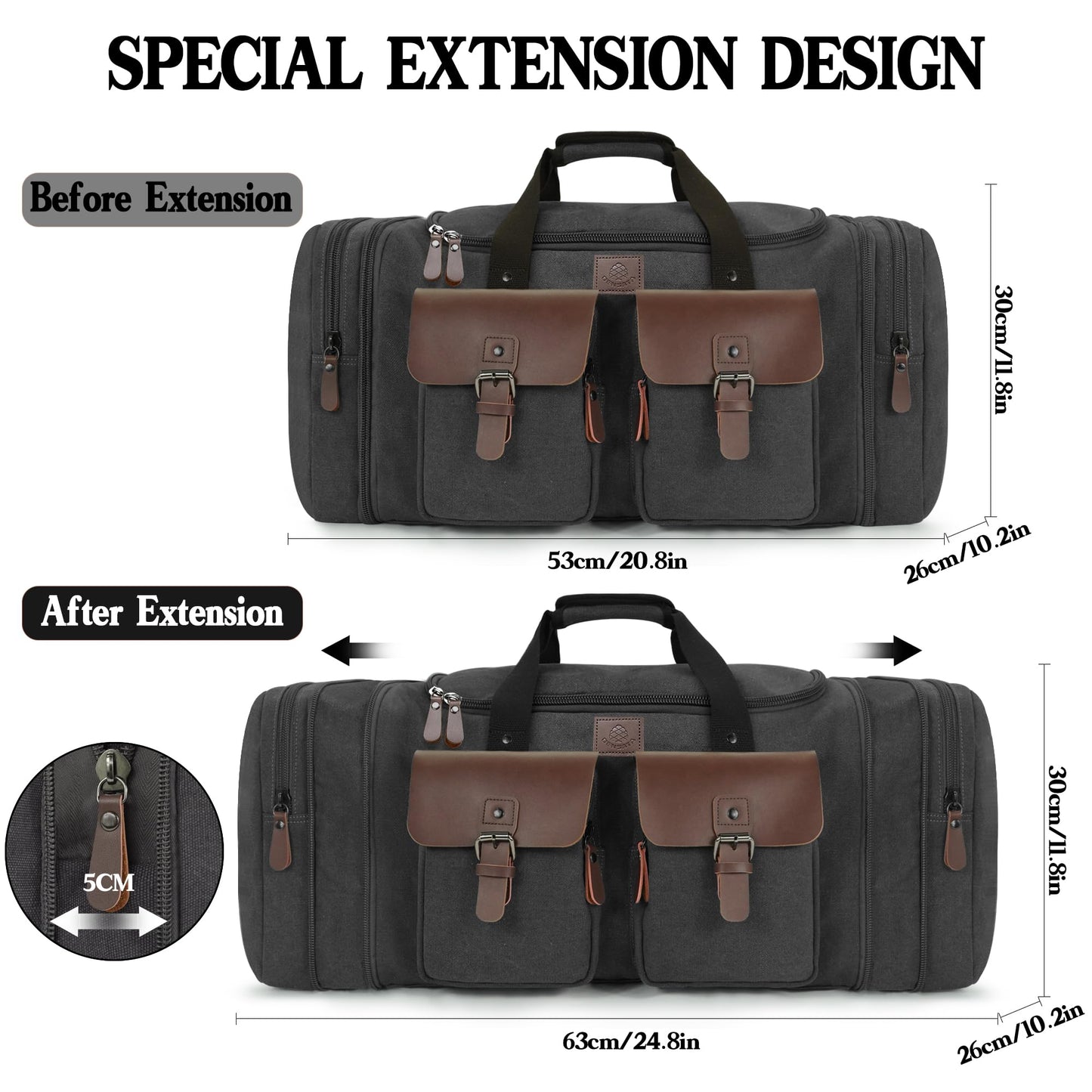 Densata Canvas Duffle Bag for Men 50L Travel Duffel Bags Expandable Genuine Leather Overnight Weekender Carry On Bag Two Zipper Pockets Travel Bag (Black, Large-50L)