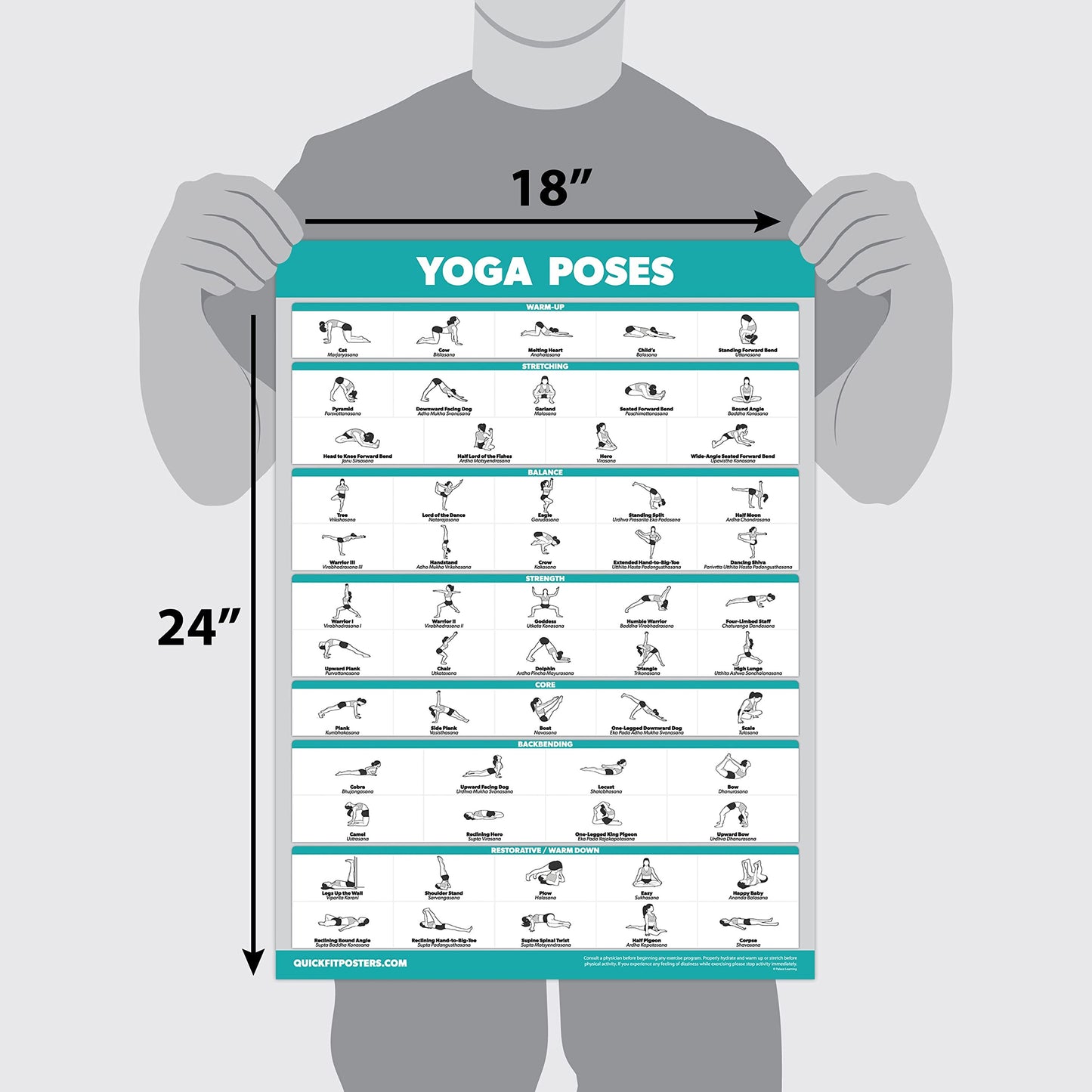 QuickFit 3 Pack - Yoga Poses + Stretching Exercises + Pilates Mat Work Poster Set - Set of 3 Workout Charts (Laminated, 18" x 27")
