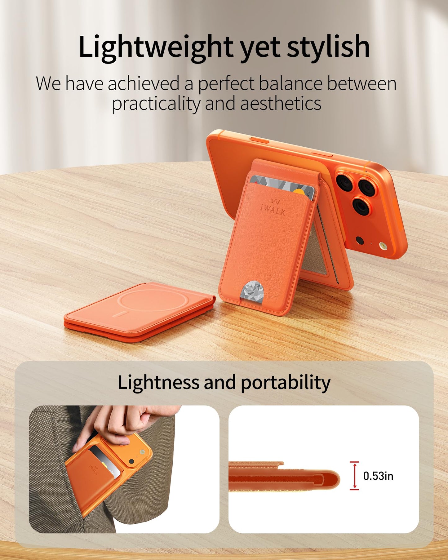 iWALK Stronger Magnetic Wallet, Upgraded for MagSafe Wallet, RFID Blocking, 5 Card Holder with Adjustable Stand, Slim Leather Phone Wallets for iPhone 17/16/15/14/13/12 Series, iPhone Wallets Orange
