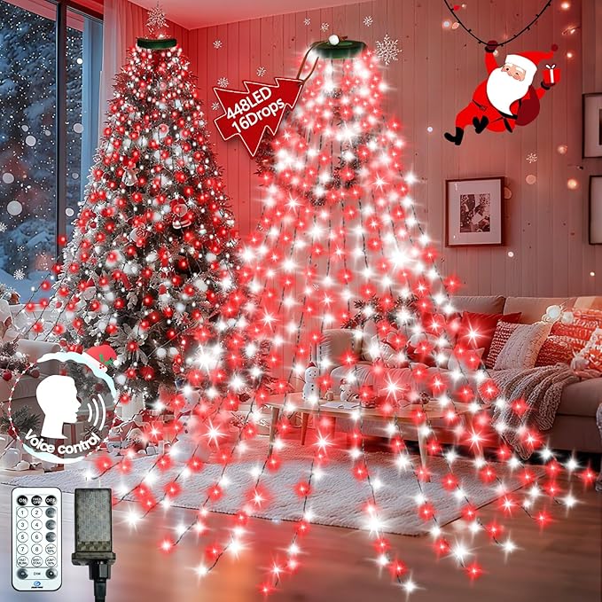 448LED Cascading Twinkle Christmas Tree Lights Indoor with Smart Voice Control & Remote | 7FT x 16 Lines Waterfall Tree Topper Lights, 12 Modes & Timer for 7FT Xmas Tree Christmas Decor(Red White)