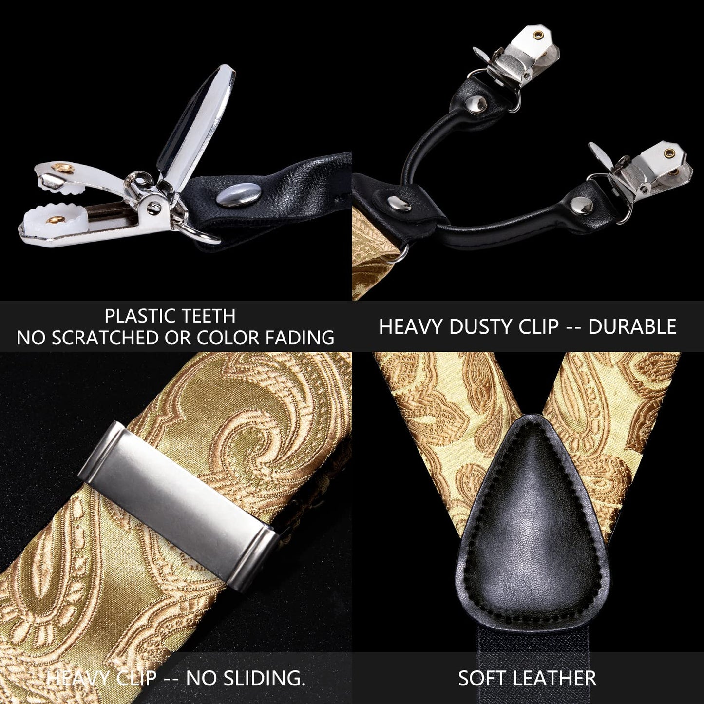 Barry.Wang Suspenders and Bow Tie Set for Men Solid Paisley Bowtie Y Shape Brace Handkerchief Cufflinks 6 Strong Clips