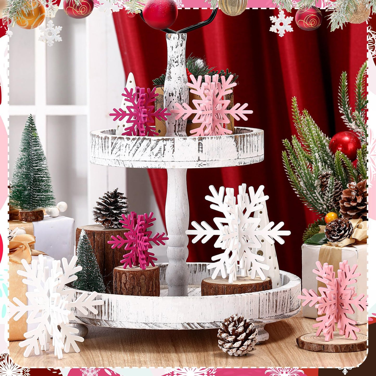 Bucherry 12 Pcs Wooden Snowflake Table Decor 3D Snowflake Tabletop Signs and Centerpiece for Frozen Party Christmas Xmas Winter Wonderland Decorations Home Office Mantel(White, Pink, Rose Red)