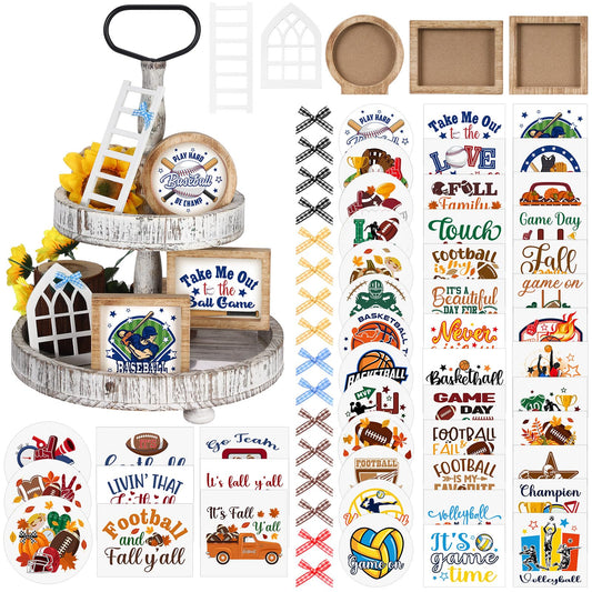 48 Pcs Interchangeable Seasonal Tiered Tray Decor Set Farmhouse Patriotic Summer Tiered Decoration Include Wood Frames with Ladders Card Bow Knot Tray Not Included(Bright Color,Sports)