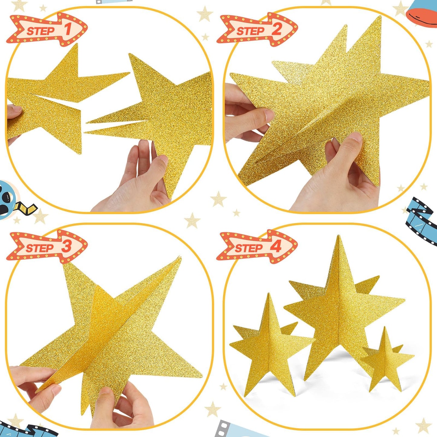 70 Pcs Star Centerpieces for Movie Night Party Decorations 3D 2025 Graduation Table Decor 3 Sizes 8" 5" 3" Red Carpet Film Show Theme Birthday Party Back to School Table Decor （Gold）
