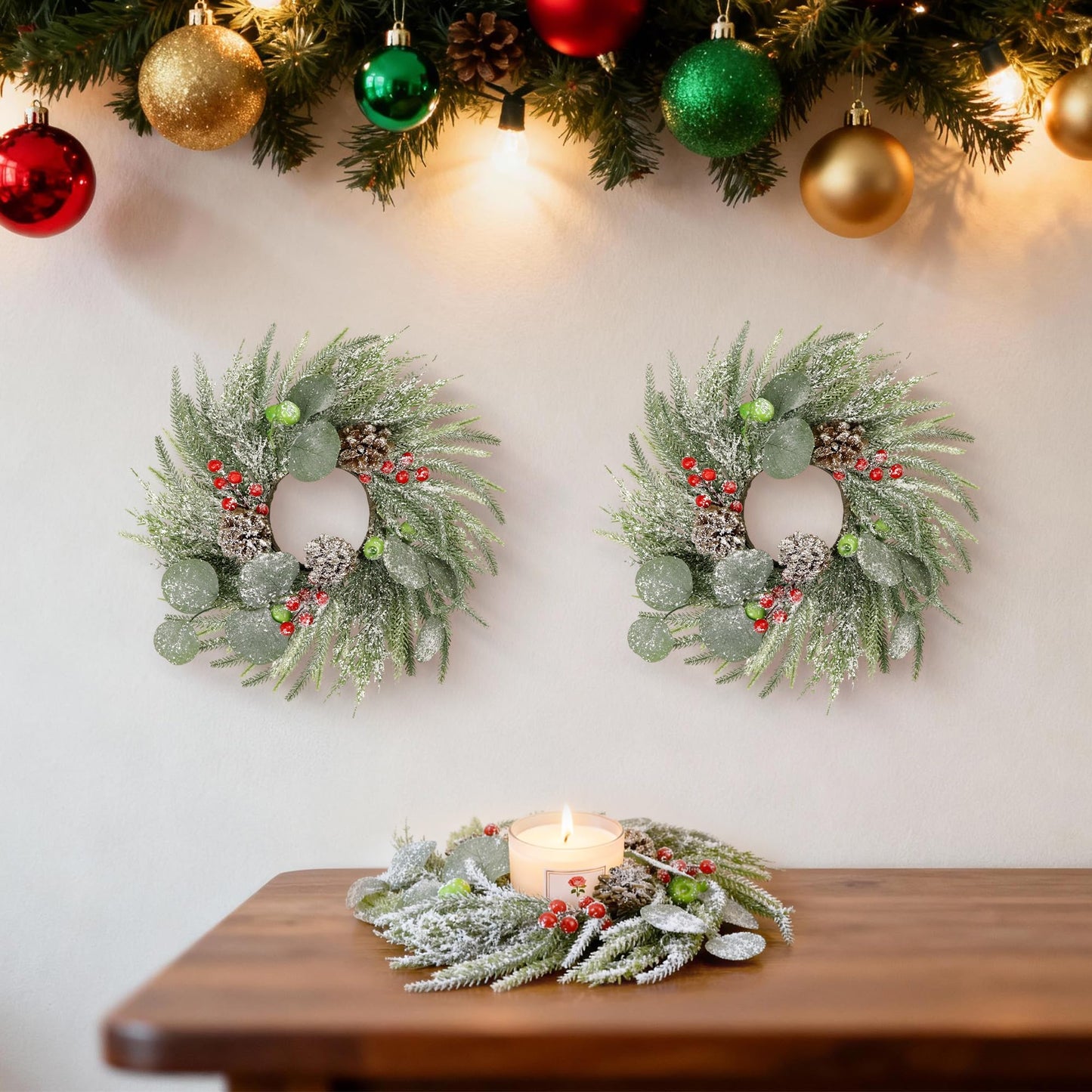 Christmas Candle Rings Wreaths,Snowy Norfolk Pine Garland Red Green Berry Eucalyptus Leaves Pinecones Wreaths,Pillar Candle Rings for Home Christmas Table Centerpiece Decorations