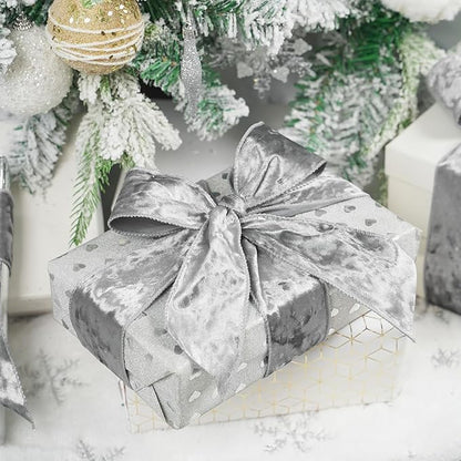 MEEDEE Silver Velvet Ribbon - 2.5 Inch Wired Velvet Crushed Silver Christmas Ribbon, 10 Yards for Tree Decoration, Wreath Supplies, Crafts Bow Making
