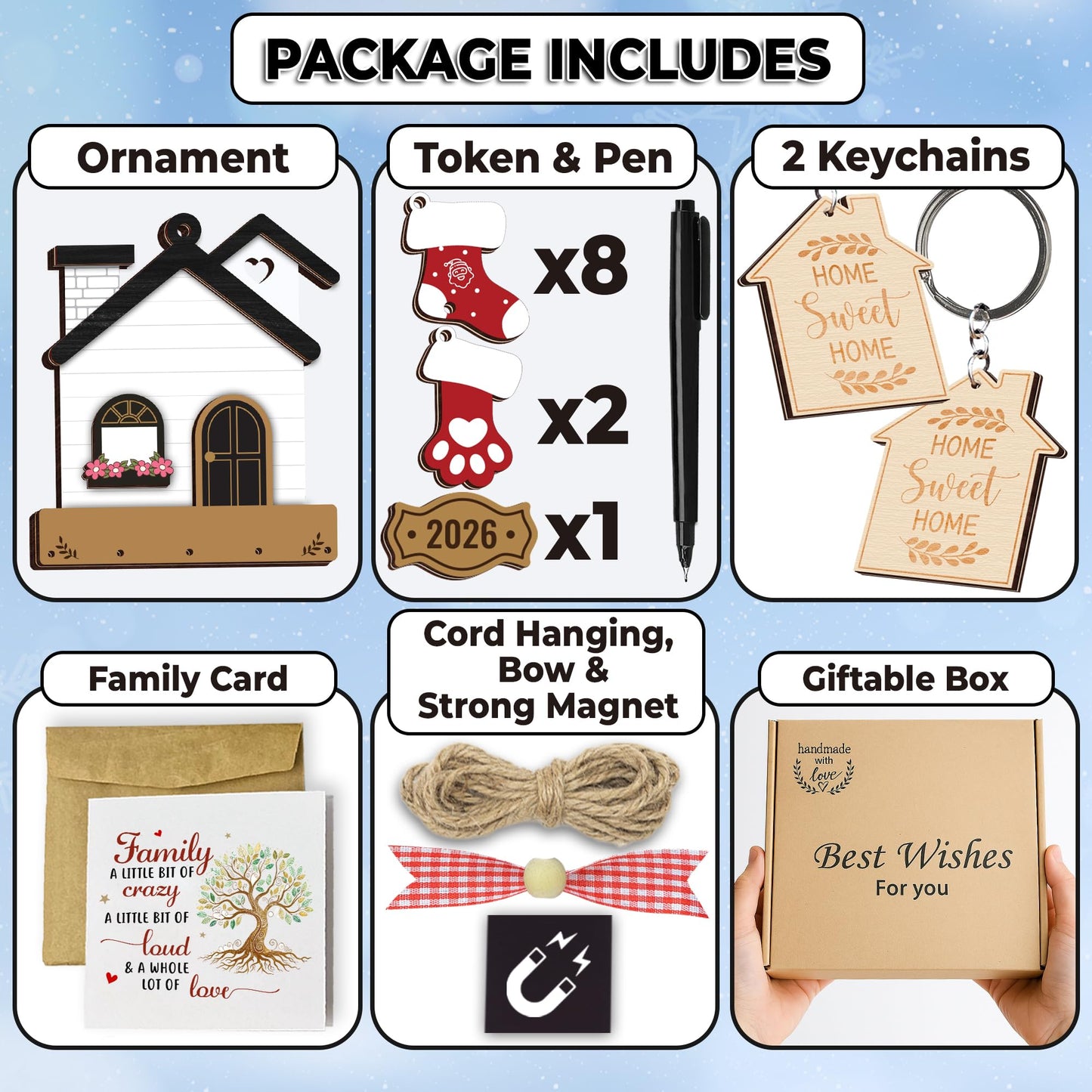 DIY New Home Ornaments 2026, Family Ornament 2026, Family of 3, 4, 5, 6, 7, 8 Ornament with Dog, Cat, Customized Ornaments for Tree, Home Sweet Home Keychain, House Decoration HH624