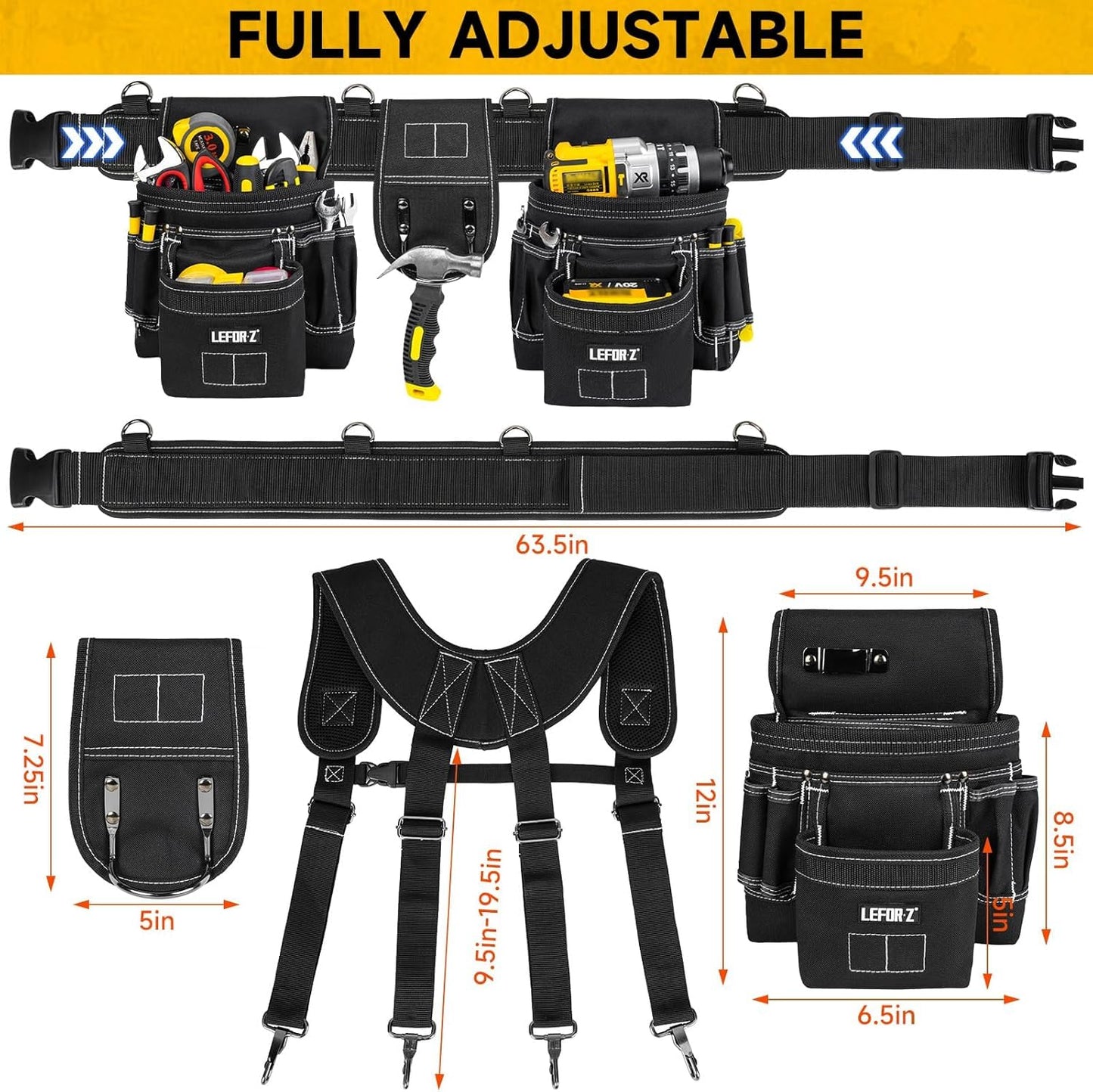 Tool Belt with Suspenders,27-Pockets Heavy Duty Tool Belts for Men with Magnetic Tool Pouch,Detachable & Adjustable Work Belt Bag for Electrician,Carpenter,Construction,Utility Toolbelt,Black