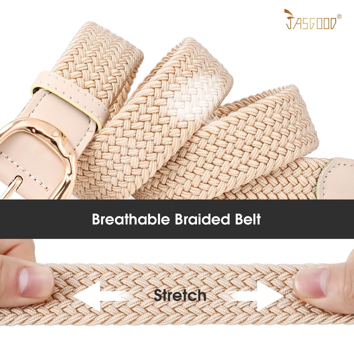 JASGOOD Braided Elastic Belt for Women Stretchy Woven Golf Belt Casual Web Belt for Jeans Pants with Gold Buckle, Beige, Fit Waist Size 37inch-41inch