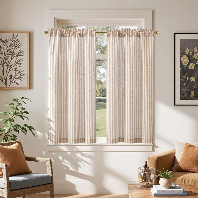 jinchan Striped Linen Kitchen Curtains 45 Inches Length Tier Curtains Farmhouse Modern Cafe Style Small Window Treatments Airy Light Filtering Rod Pocket for Living Room Bathroom 2 Panels Tan