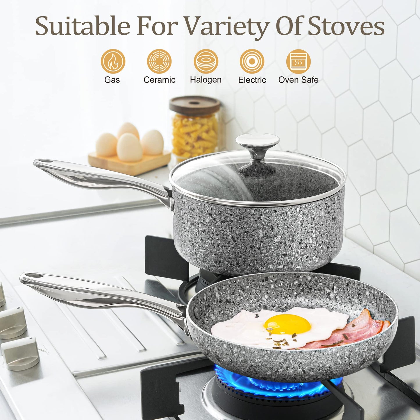 MICHELANGELO 10 Inch Frying Pan with Lid, Nonstick Frying Pan with Non Toxic Granite Coating, 10 Inch Stone Skillet, Non Stick Frying Pans for Cooking, Induction Compatible
