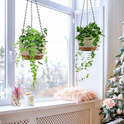 Set of 2 8 Inch Self Watering Hanging Planters for Indoor Outdoor Plants, Color Blocking Hanging Baskets Flower Pots with Drainage Hole & Removable Water-Storage Tray and 20" Chain Hanger