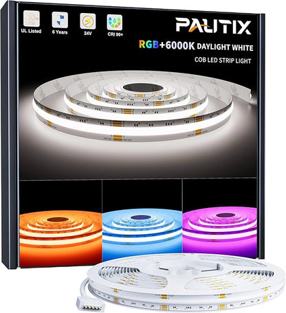PAUTIX RGBW 6000K COB LED Strip Light 6.56ft/2m,UL Listed 24V Color Changing Tape Lights with 896LEDs/m Multicolor Flexible for TV,Bedroom,Party DIY Decoration(Power Supply & Controller Not Included)