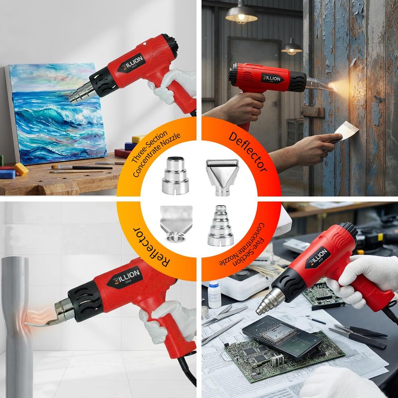 BILLION GOLD 3D Grip Heat Gun 1800W - 120℉ to 1200℉ Dual Temperature Hot Air Gun Kit with 4 Nozzles - Black Red Professional Heat Shrink Gun for Crafts, Shrink Wrap, Electronics Repair