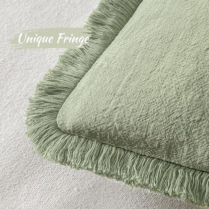MIULEE Decorative Throw Pillow Covers Neutral Linen Fringe Throw Pillows Set of 2 Sage Green Boho Farmhouse Cushion Covers with Tassels for Couch Sofa Bed Living Room Spring Home Decor 18x18 Inch