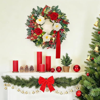 Prelit Christmas Wreaths for Front Door 24 Inch Holiday Wreath with Red Roses, White Peonies, Red Berries, Greenery & Velvet Bow Christmas Door Wreath Indoor Outdoor