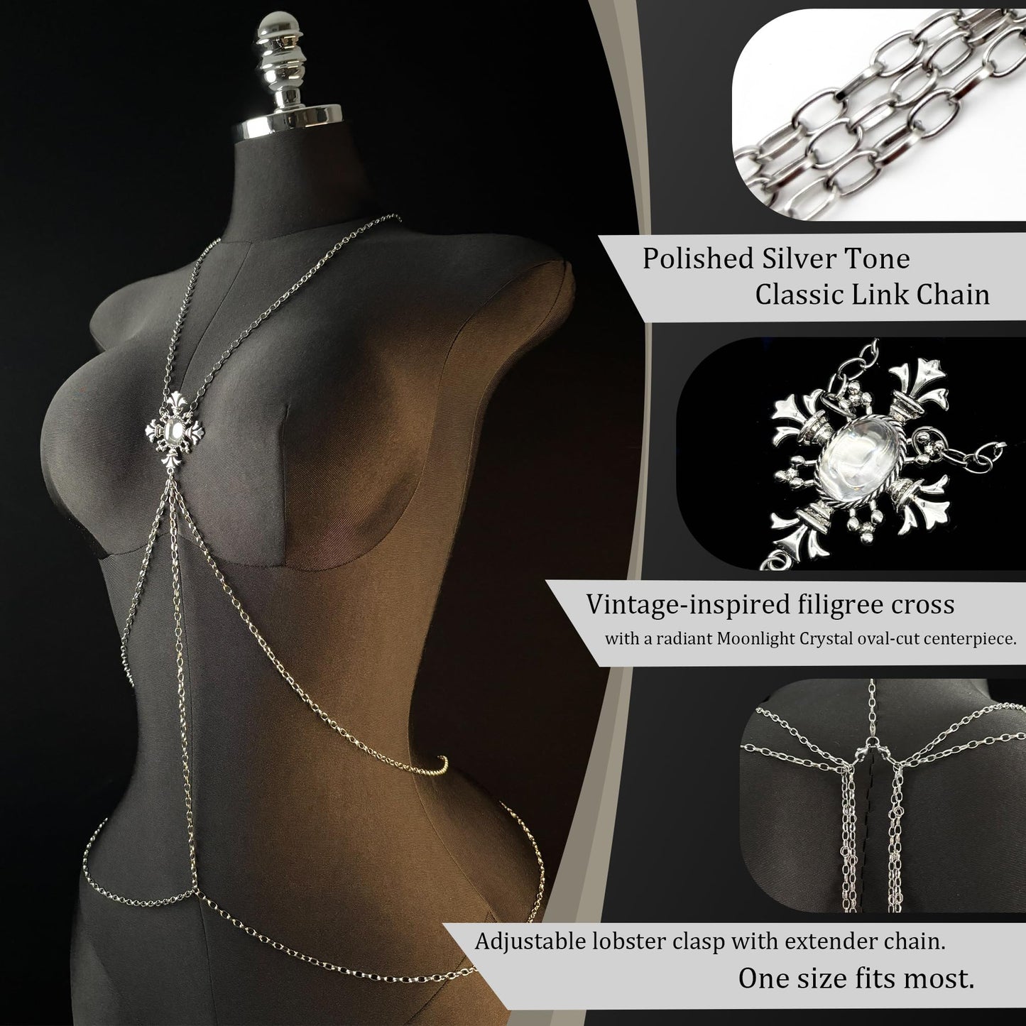 Gothic Cross Body Chain for Women – Silver Tone Adjustable Waist Body Jewelry with Clear Oval Crystal, Vintage Filigree Y-Style Harness Necklace for Festival Party Outfit